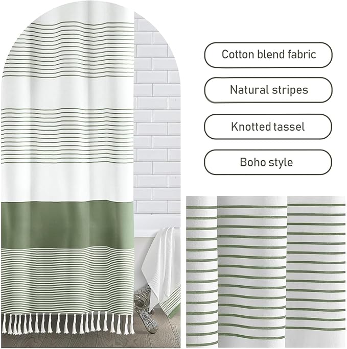 Awellife Sage Green Shower Curtain for Bathroom Stripe Tassel Shower Curtain 72 X 96 Inches Farmhouse Cotton Extra Long