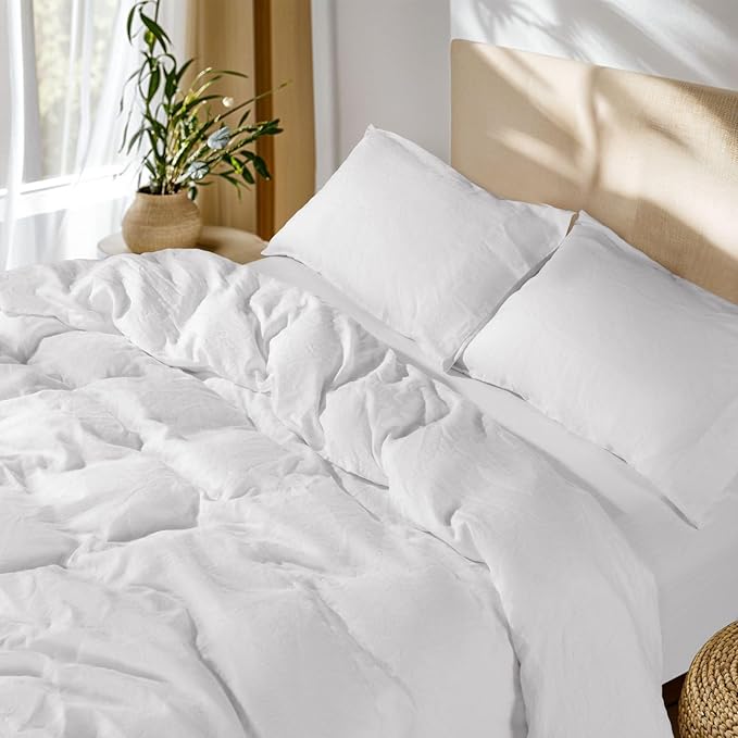 SONORO KATE 100% French Linen Duvet Cover Full Size, Soft Breathable for Hot Sleepers, Moisture Wicking & Durable Cover Set - Zipper Closure & 4 Corner Ties Duvet Covers 3 Piece (White,Full)