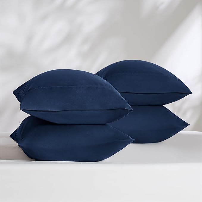 Bedsure Queen Pillow Cases Set of 4 - Navy Brushed Microfiber Pillowcases 4 Pack, Super Soft Pillowcase, Pillow Case Covers with Envelope Closure, Wrinkle, Fade and Stain Resistant, 20x30 Inches