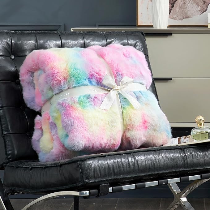Cozy Bliss Faux Fur Throw Blanket for Couch, Bubble Plush Blanket Queen Size, Fuzzy Soft & Thick Blanket for Bed Sofa Living Room, 90x90 Inches Tie-dye Rainbow