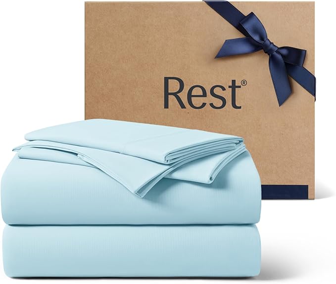 REST® Evercool®+ Cooling Sheet Set, Cali King Size, Light Blue, Breathable Bed Sheets for Hot Sleeper and Night Sweats, with Pillowcases, with Ionic+ Self-Cleaning Silver Yarn for Sensitive Skin, 4PCS