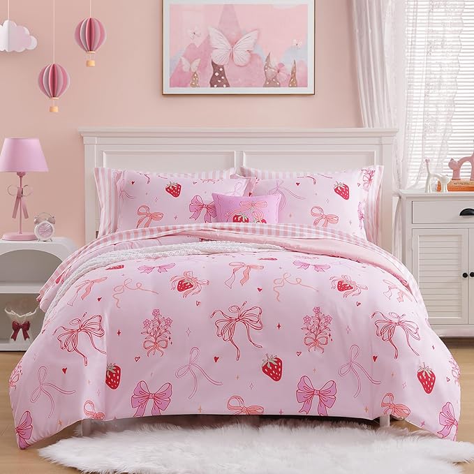 Twin Comforter Set for Girls-5 Pieces Pink Bow Twin Bedding Sets for Kids, Ultra Soft Bed in A Bag with Sheets