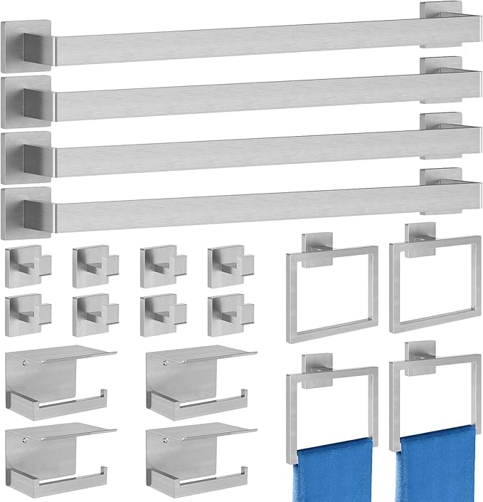20-Piece Stainless Steel Bathroom Hardware Set - Complete Wall Mounted Solution with Towel Bar, Toilet Paper Holder with Shelf, Towel Ring & Towel Hooks