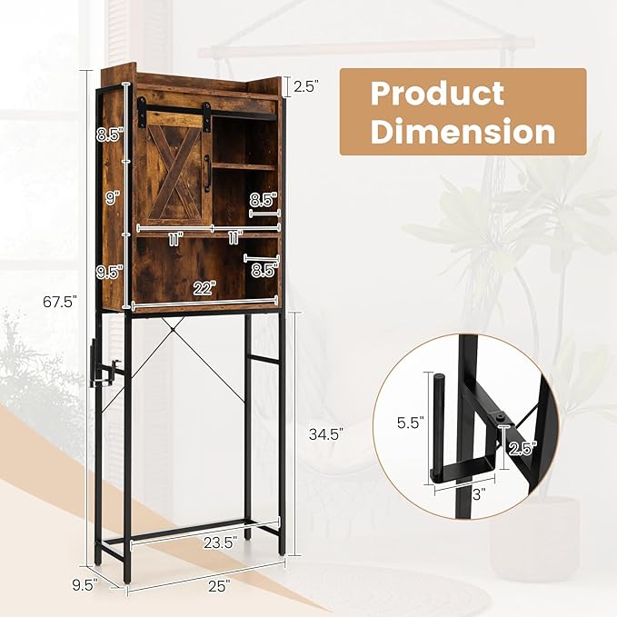 Giantex Over The Toilet Storage Cabinet - Freestanding Bathroom Organizer Rack with Adjustable Shelf, Sliding Barn Door, Paper Holder, Bathroom Space Saver, Above Toilet Storage Cabinet (Brown)