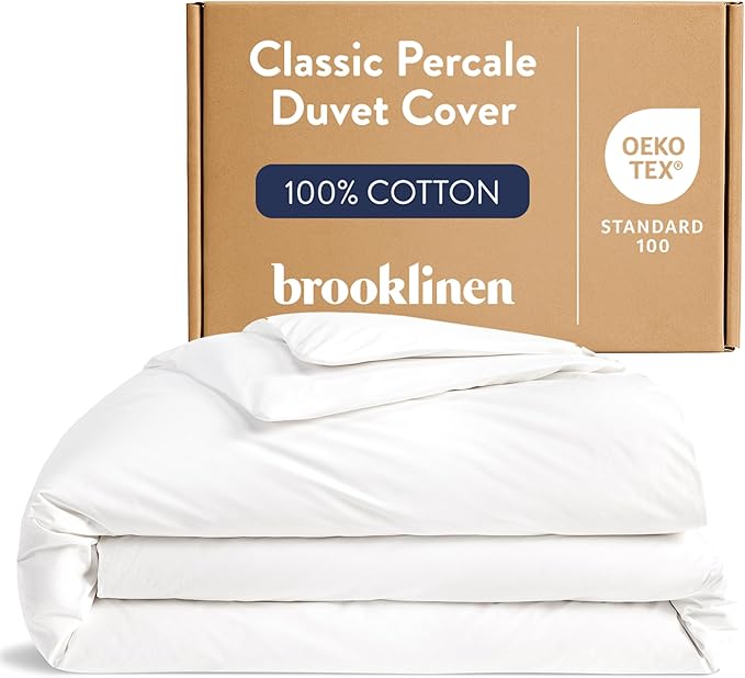 Brooklinen Luxury Percale Duvet Cover – 100% Cotton, Cool, Crisp, Extra-Long Corner Ties, Button Closure, Soft & Breathable – Machine Washable, Duvet Cover Full/Queen Bed Sizes (White)