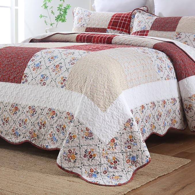 Cotton Bedspread Quilt Bedding Sets 3 Pieces Reversible Coverlet Sets Comforters Vintage Red White Rose Floral Patchwork Bedspread, King Size