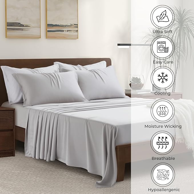 Luxury Bamboo Market | King Size Bed Sheet Set | 100% Viscose Made from Bamboo | Organically Grown | Ultra Soft | Cooling Sheets for Hot Sleepers | 17" Deep Pocket [Dove Grey]