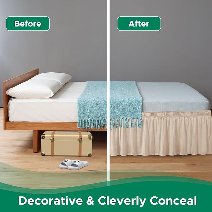Biscaynebay Wrap Around Bed Skirts for King & Cal King Beds 14" Drop, Sand Adjustable Elastic Dust Ruffles Easy Fit Wrinkle Resistant Silky Luxurious Fabric Machine Washable