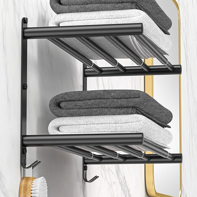 Black Adjustable Towel Bar for Bathroom Wall Mount17-30.7inch Adhesive Shower Towel Rack Stainless Steel Bath Towel Holders for Toilet Kitchen Double Towel Hanger (Black Double Towel Rack)