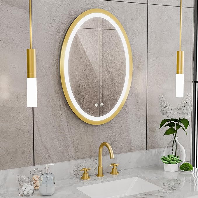 DreamLine Brilliance 28 in. H x 20 in. W Oval Light-up Mirror, Brushed Brass