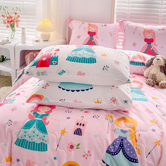 Wajade Kids Pink Princess Comforter Set Bed in a Bag Twin Size 7 Piece Princess Fairy Tales Castle Bedding Set for Girls (1 Comforter, 1 Flat Sheet, 1 Fitted Sheet, 2 Pillowcase and 2 Pillow Sham)