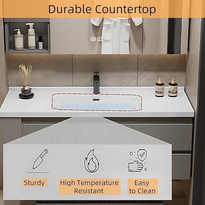 44IN Suspended Bathroom Cabinet Combo Set - Fully Functional LED Mirror with Smart Defogging & Time Display | Bathroom Vanity with Sink,Side Cabinet Storage Compartment (Style A)