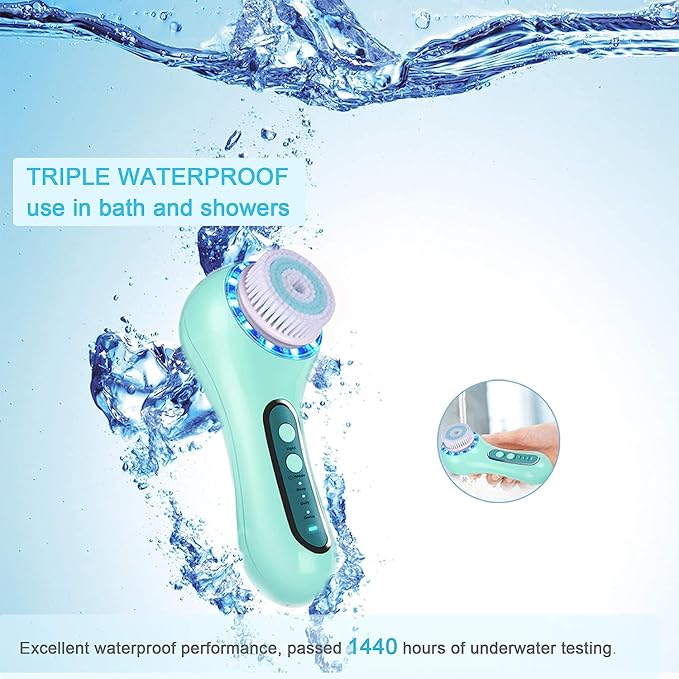 Face Scrubber Exfoliator,Facial Cleansing Brush Rechargeable IPX7 Waterproof with 5 Brush Heads,Electric Face Spin Brush for Exfoliating, Massaging and Deep Cleansing (Mint-Green)