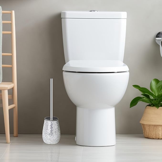 Escenzy Modern Toilet Brush and Holder Set Mosaic Glass | Non-Rustic Stainless Steel | Practical & Decorative Toilet Bowl Brush and Holder | Luxury Silver Glitter Bathroom Accessories
