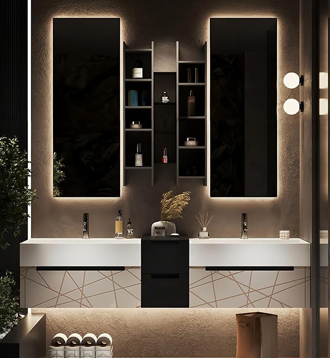 Double Bathroom Vanity with Sink, Floating Modern Bathroom Vanity Set Includes LED Smart Defogging Mirror and Open Storage Wall Cabinet, Solid Wood Bathroom Cabinet with Large Drawer (Apricot, 84")