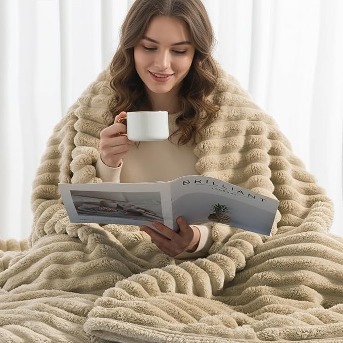 decorUhome Christmas Soft Fleece Light Brown Twin Blanket for Bed, Cozy Fluffy Plush Flannel Striped Throws for Couch Sofa, Lightweight Decorative Ribbed Fuzzy Blanket for Woman, 60x80 Inches