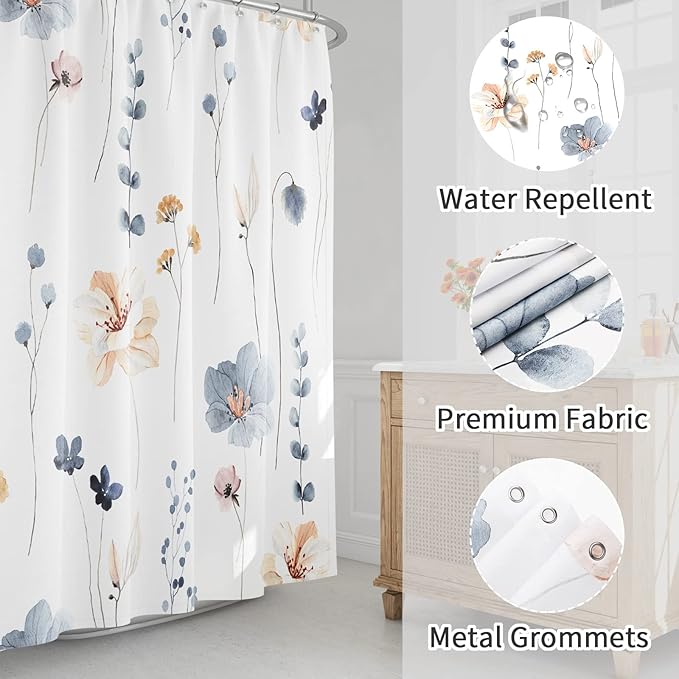 Gibelle Long Shower Curtain 72 x 78, Watercolor Floral Fabric Shower Curtain, Blue Beige Flower Decorative Bathroom Shower Curtain Set with Hooks