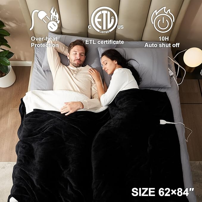 EHEYCIGA Heated Blanket Electric Blanket Twin - Heating Blanket with 9 Heating Levels & 10 Hours Auto Off, Soft Cozy Sherpa Washable Blanket with Fast Heating, 62 x 84 Inches
