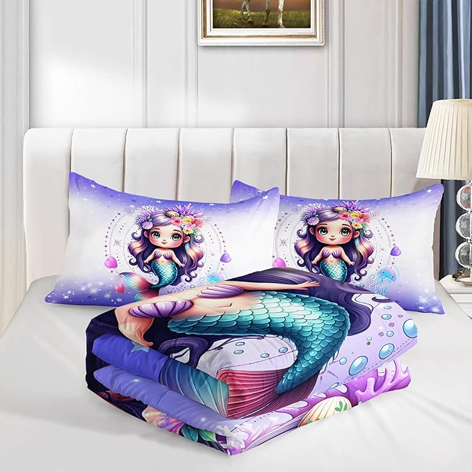 Cute Mermaid Pattern King Comforter Set,Star Jellyfish Ocean Themed Bedding Sets for Kids Toddlers Girls Boys Room Decor,Princess Bedding with 2 Pillowcases.