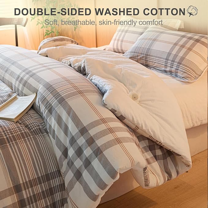 100% Cotton Comforter Set Queen Size – Reversible Yarn-Dyed Checkered Design, Soft Washed Cotton on Both Sides, Lightweight All-Season Bedding, Machine Washable(Grey White Plaid, 90”x90”)