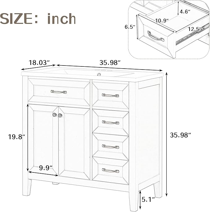 Favfurish 36" Bathroom Vanity with Sink Combo,Bathroom Vanity Cabinet with Two Soft-Closing Doors and Four Drawers,Free Stading Vanities w/Modern Design,for Bathroom,Easy Assembly,Black