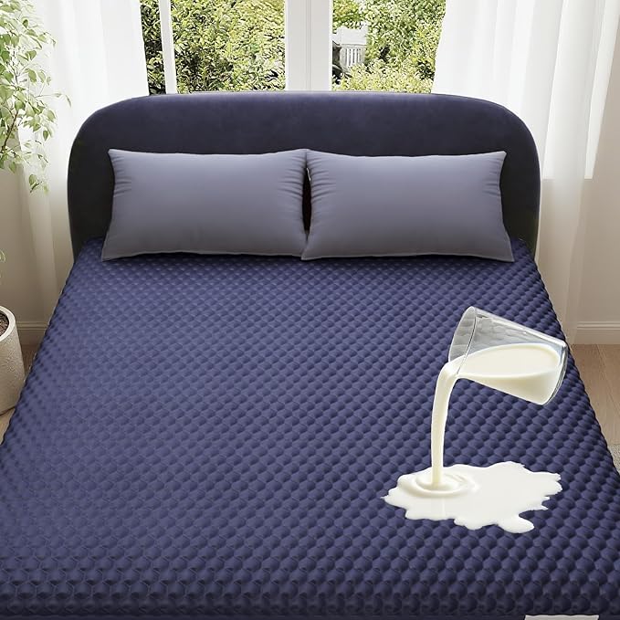OhGeni 100% Waterproof Mattress Protector, Queen-Navy Blue Size Mattress Pad, Fits 6"-20" Mattresses with Deep Pocket, Cooling, Breathable Fitted Sheets, Soft Bed Cover, Noiseless, Machine Washable