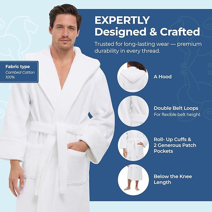 MONARCH Hooded Terry Shawl Collar Unisex Bathrobe – Thick Terrycloth Fabric, Generously Sized Hotel & Spa Robe with Pockets