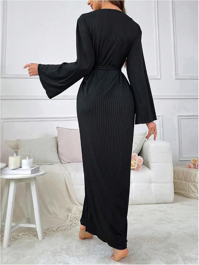 OYOANGLE Womens Long Robes Kimono Elegant Lightweight Knit V Neck Bathrobe Soft Sleepwear Casual Bath Robe