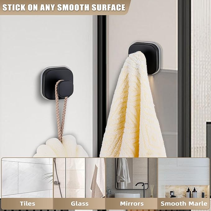 Suction Cup Hooks for Shower - Resuable Bathroom Hooks for Towels, Robes & Loofah - No-Drill Mounting on Kitchen,Walls,Metal,Glass,Mirrors,Tile & Smooth Non-Porous Surfaces (2, Matte Black)