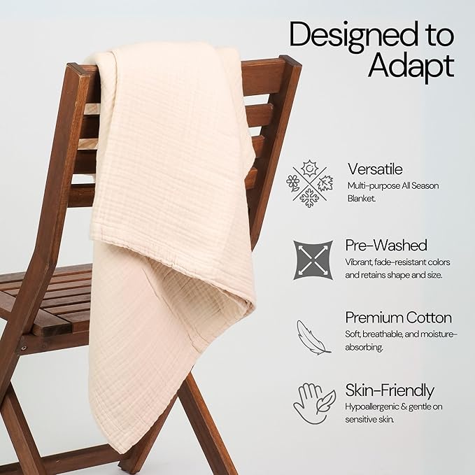 Salt Earth 100% Cotton Muslin Throw Blanket Gauze Blanket 50"X70" Throw 4 Layered for Couch, Bed, Living Room, Home, Lightweight & All Season, Blankets & Throws, Easy wash, Skin Friendly (Parchment)