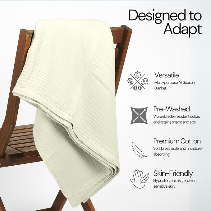 Salt Earth -100% Cotton Muslin Throw Blanket Gauze Blanket 50"X70" Throw 4 Layered for Couch, Bed, Living Room, Home, Lightweight & All Season, Blankets & Throws, Easy wash, Skin Friendly (Sea Foam)