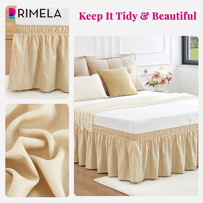 RIMELA Oatmeal Bed Skirting Queen Size Bed Skirt 15 Inch Drop, Wrap Around Elastic Adjustable Bedskirt, Dust Ruffle for Bed Frame & Box Spring Soft Durable Fabric Machine Washable Easy to Install
