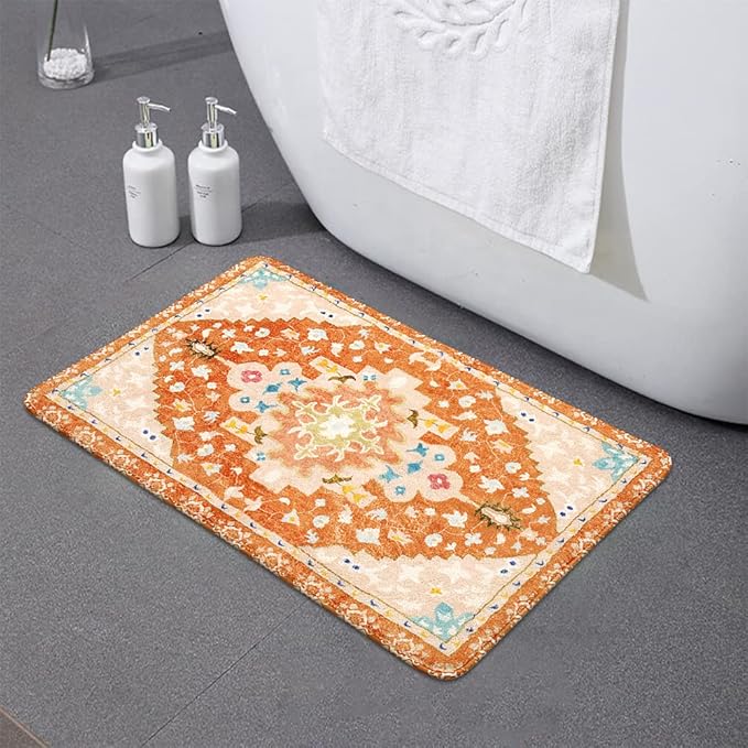 Uphome Boho Tribal Orange Cute Floral Non-Slip Machine Washable Soft Oriental Bath Mats for Sink Shower Doormat Tub, 20x31 inch