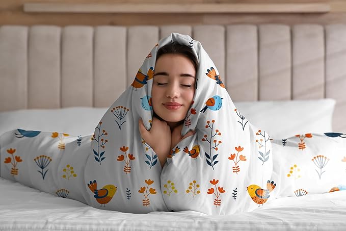 1000 Thread Count 100% Egyptian Cotton Printed Duvet Cover Set of 3 Queen Size Bird Print True Luxury Quality Super Soft Comfy All Season (White)