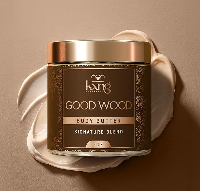 KXNG Cosmetics, Body Butter, Organic Skin Care for Men and Women, Body Moisturizer Lotions and Creams, Raw Shea Butter, Cocoa Butter, Mango, Coconut Oil, Hand, Foot, All Skin Types (Good Wood)