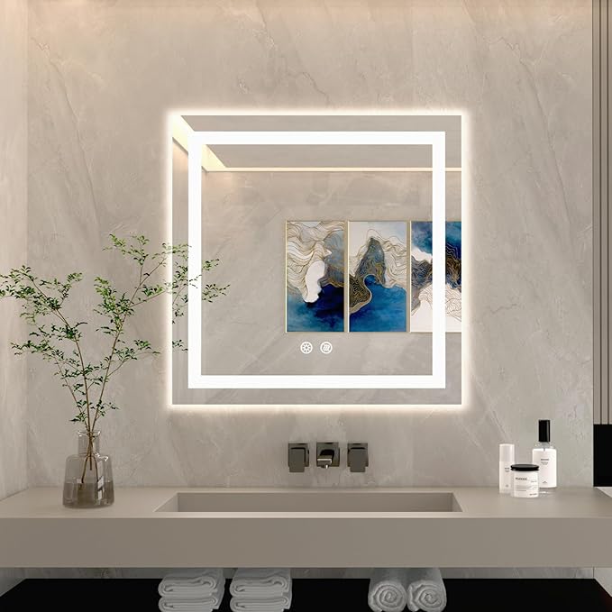 24 X 24 Inch Square LED Bathroom Vanity Mirror, 3 Colors Light Dimmable, Wall Mounted Memory Lighted Makeup Mirror with Anti-Fog Touch Switch (Front-lit&Backlit)