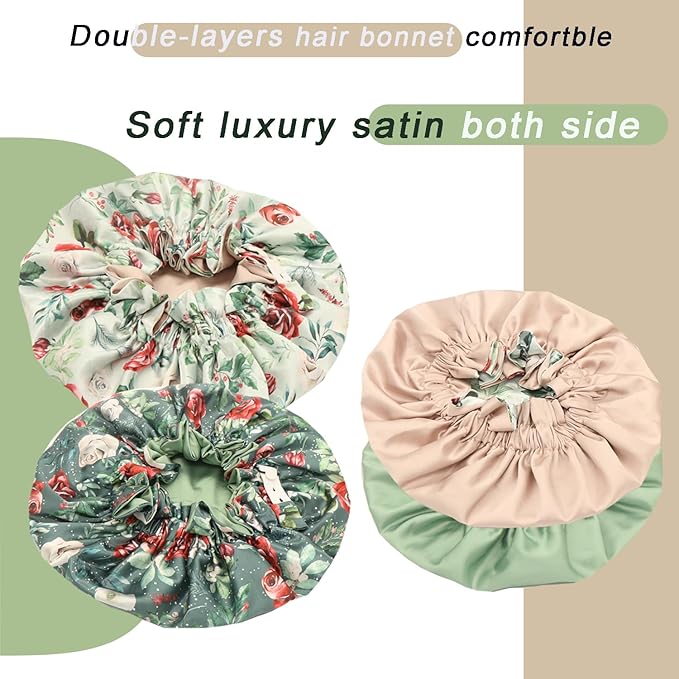 Satin bonnet for women 2PCS silk hair bonnet cap reversible for sleeping Adjustable Night sleep cap for curly natural hair double-layer and Washable (White Green flower)