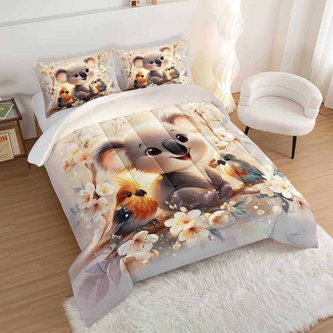 Kawaii Koala Bedding Set,Cartoon Koala Parrot Floral Pattern Queen Size Bed Set for Kids Girls Boys Room Decor,Cute Beddings with 2 Pillowcases.