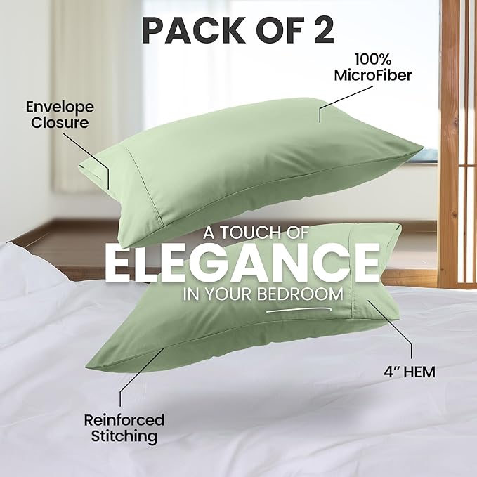 Pillow Covers by Utopia Bedding - King Size 2-Pack – Soft Brushed Microfiber – Perfect for Hospitals, Hotels, Guest Rooms – Oeko-TEX Certified, 20x40 Inches (Sage)