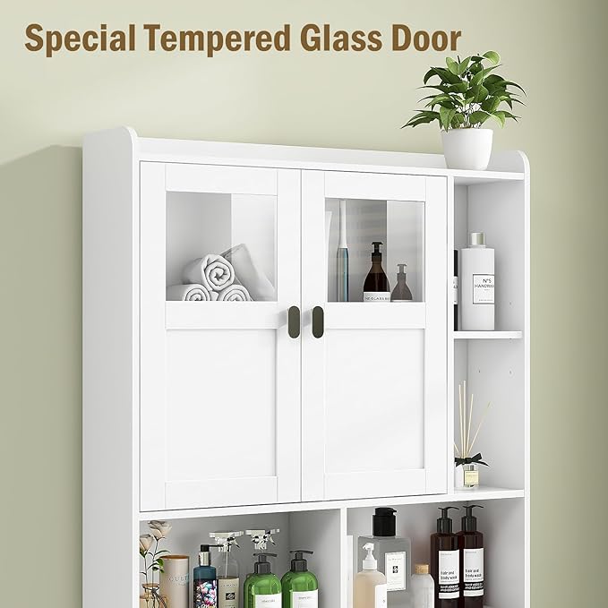 Vabches Over The Toilet Storage Cabinet, Bathroom Shelf Over Toilet with Glass Doors and Adjustable Shelves, White Freestanding Home Space Save Toilet Rack for Restroom, Bathroom, Laundry