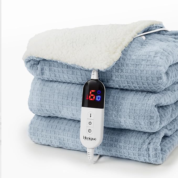 Heated Blanket Electric Blanket Twin Waffle, 62x84 Inches Sherpa Fleece Fast Heating Blanket 6 Heating Levels & 10 Hours Auto Off ETL Certification,Haze Blue Twin