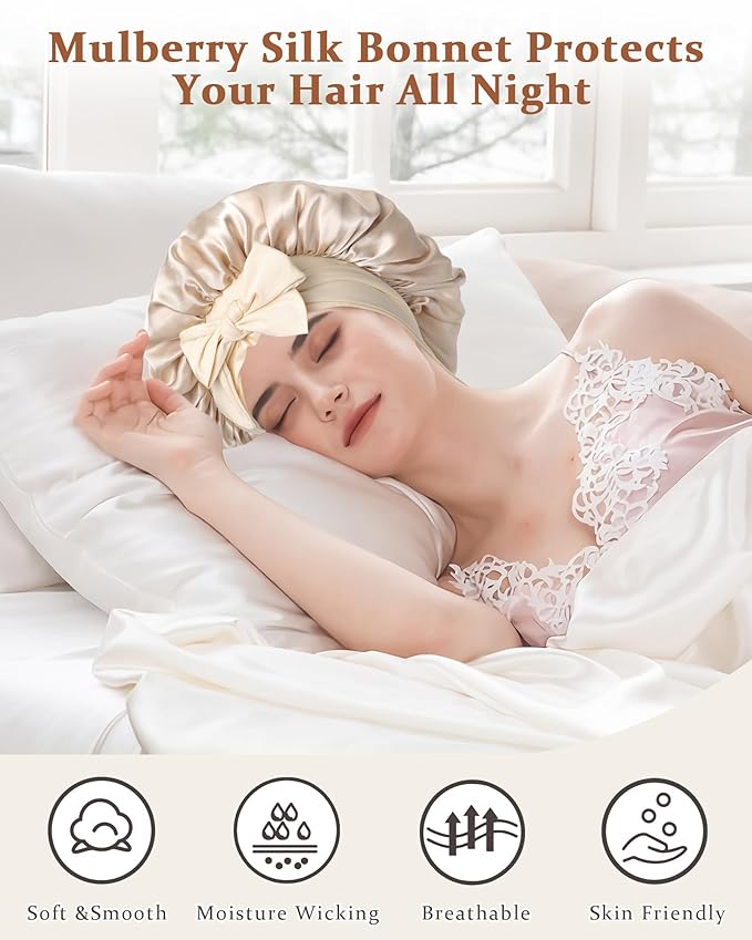 100% Mulberry Silk Bonnet for Sleeping Women Double Layer Silk Hair Bonnet Natural Silk Sleep Cap with Elastic Reversible Hair Wrap (Champagne+Beige)
