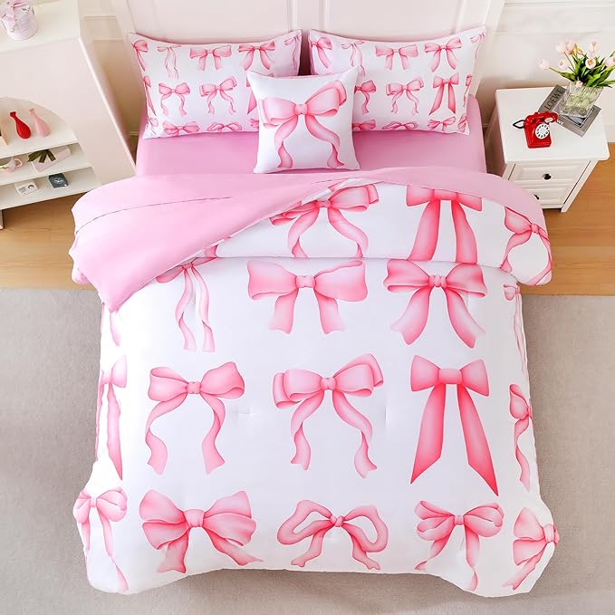 6 Pieces Full Comforter Sets with Sheets Pink Bed in a Bag for Girls,Bow Comforter Set,Bow Full Bedding Sets for Kids