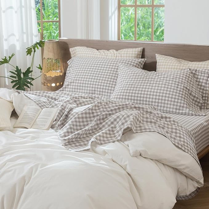 MooMee Gingham Sheet Set 100% Washed Cotton Linen Like Textured Breathable Soft w/Fully Elasticized 16-19" Deep Pocket (Classic Gingham Tannish Linen Grey, Queen)