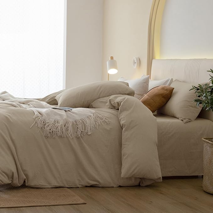 JIYUAN 100% Washed Cotton Duvet Cover Set 3 Pieces Queen, 1 Duvet Cover 90x90 Inches(Comforter Not Included) and 2 Pillowcases,Linen Feel Bedding Set Comfy and Breathable, Heathered Tan