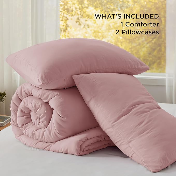 Bedsure Queen Size Comforter Set, Pink Soft Prewashed Bedding for All Seasons, 3 Pieces GentleSoft™ Warm Down Alternative Bed Set, 1 Lightweight Comforter (90"x90") and 2 Pillowcases (20"x26")