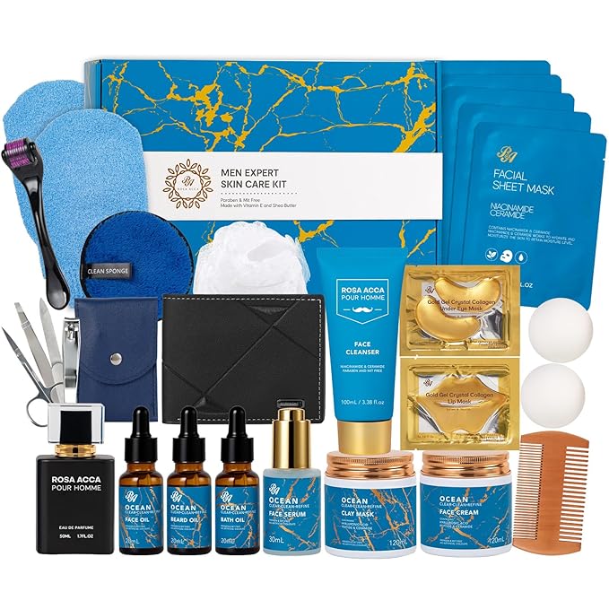 Christmas Gifts for Men, 30 Pcs Men Facial Skin Care Set, Luxury Bath & Beard Gift Set, Spa & Self-Care Gift, Clay Mask, Cleanser, Beard Oil, Cologne, Birthday, Valentines, Father Day, Boyfriend