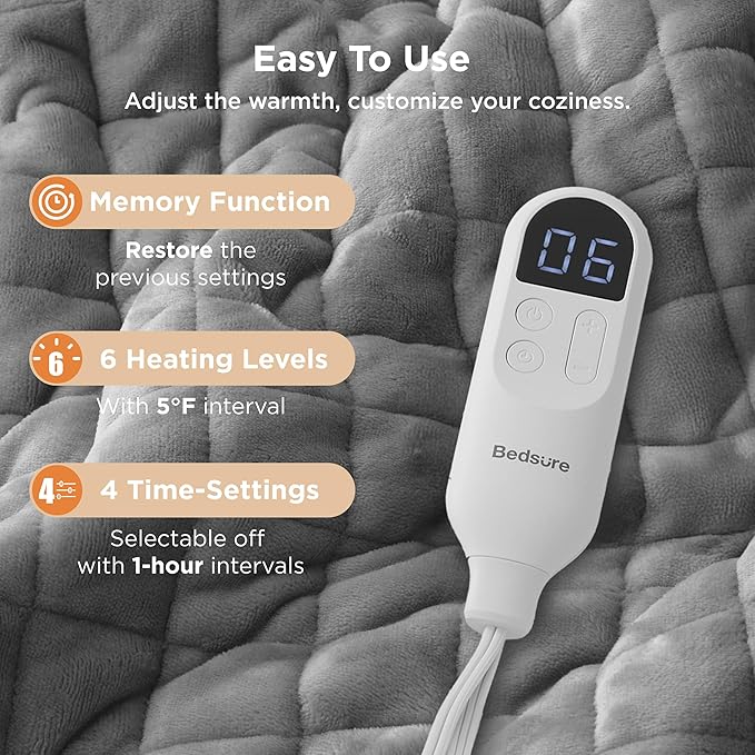 Bedsure Heated Blanket Throw Blanket - Quilted Electric Blanket, Soft Flannel Thick Heating Blanket with 4 Time Settings & 6 Heating Settings, Warm Gifts for Women Men (50x60 inches, Formal Gray)