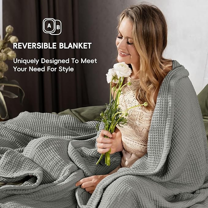 PHF 100% Cotton Waffle & Muslin Blanket Twin Size, Soft Breathable Luxury 400GSM Versatile Reversible Bedding for Bed, Great for Layering in Cold Weather, Home Decor Gift, 66" x 90", Frosted Grey