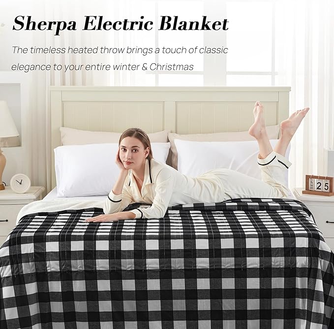 Westinghouse Electric Blanket Queen Size, Soft Flannel to Sherpa Heated Blanket with Dual Control 10 Heating Levels & 1 to 12 Hours Auto-Off, Machine Washable, Fast Heating, 84 * 90 Inch, Black